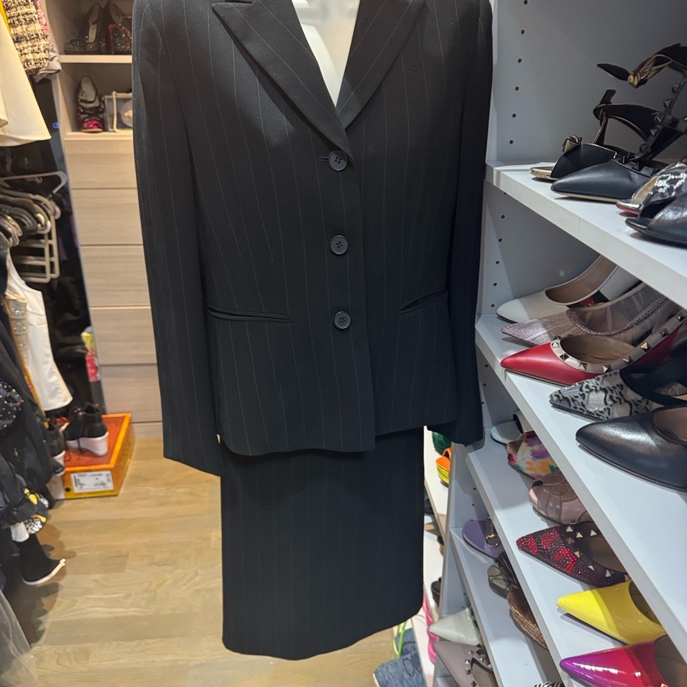 Collections for Le Suit Black Pinstripe Suit- Blazer and Skirt